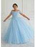 Cold Shoulder Beaded Sky Blue Lace Tulle Sparkling Flower Girl Dress